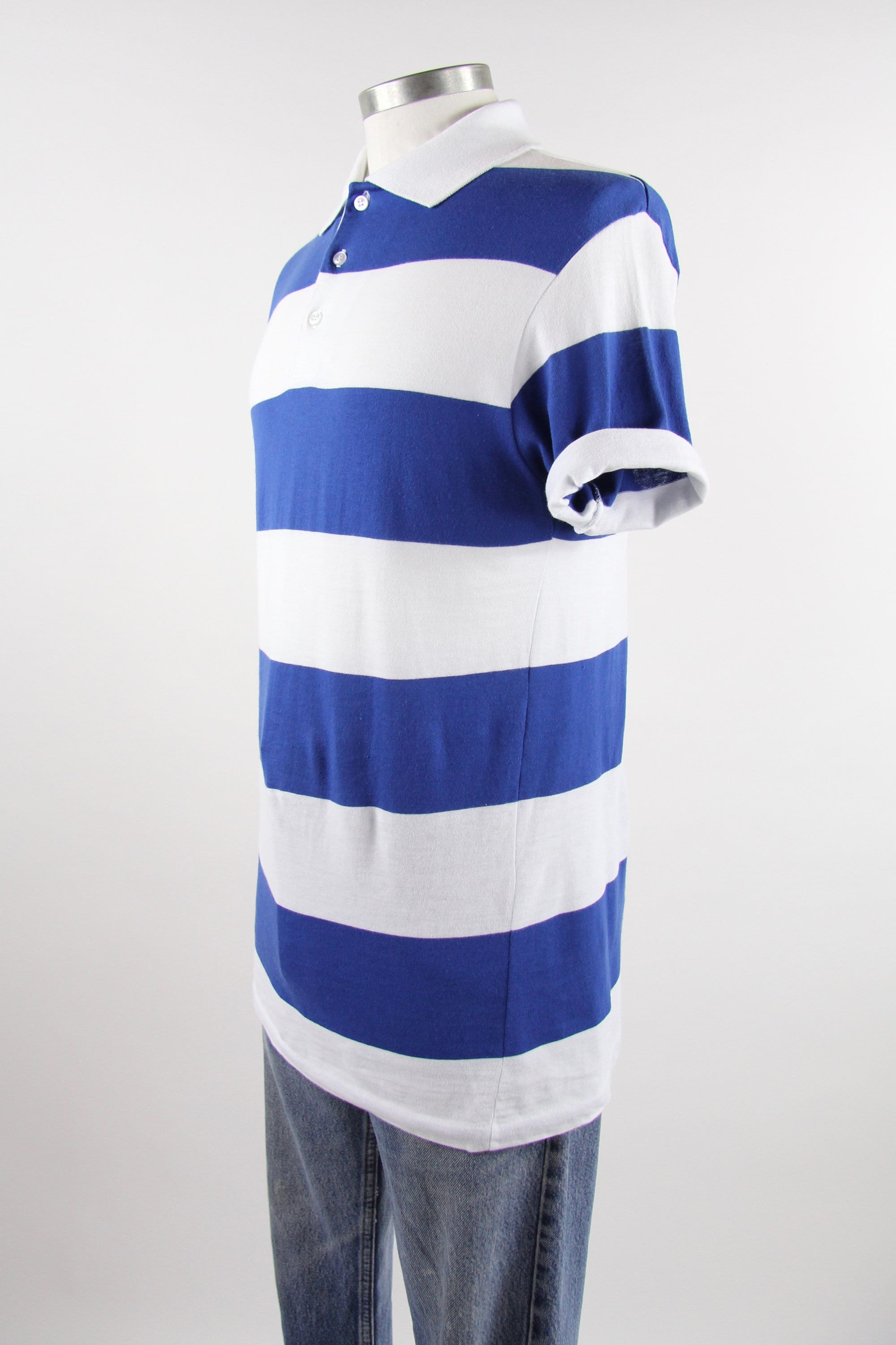 Blue and White Striped Men's Polo Collared Shirt Vintage Size Medium