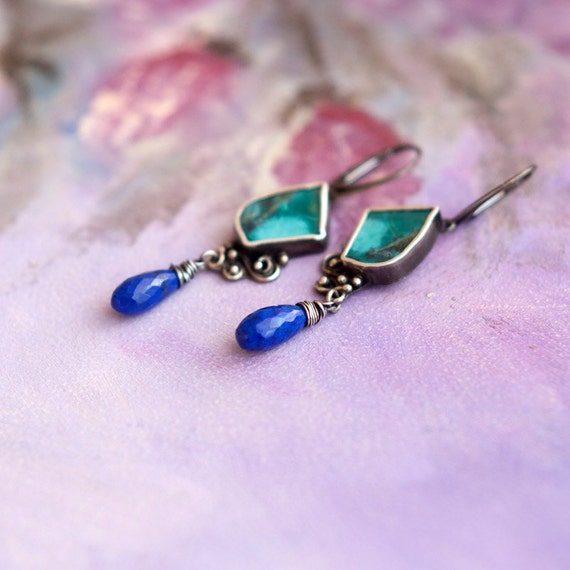 Items similar to Turquoise Earrings, Silver Earrings, Metalsmith ...