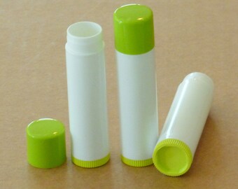 25 New Empty WHITE w/ LIME GREEN Cap & Bottom Lip Balm Chapstick Tubes .15 oz