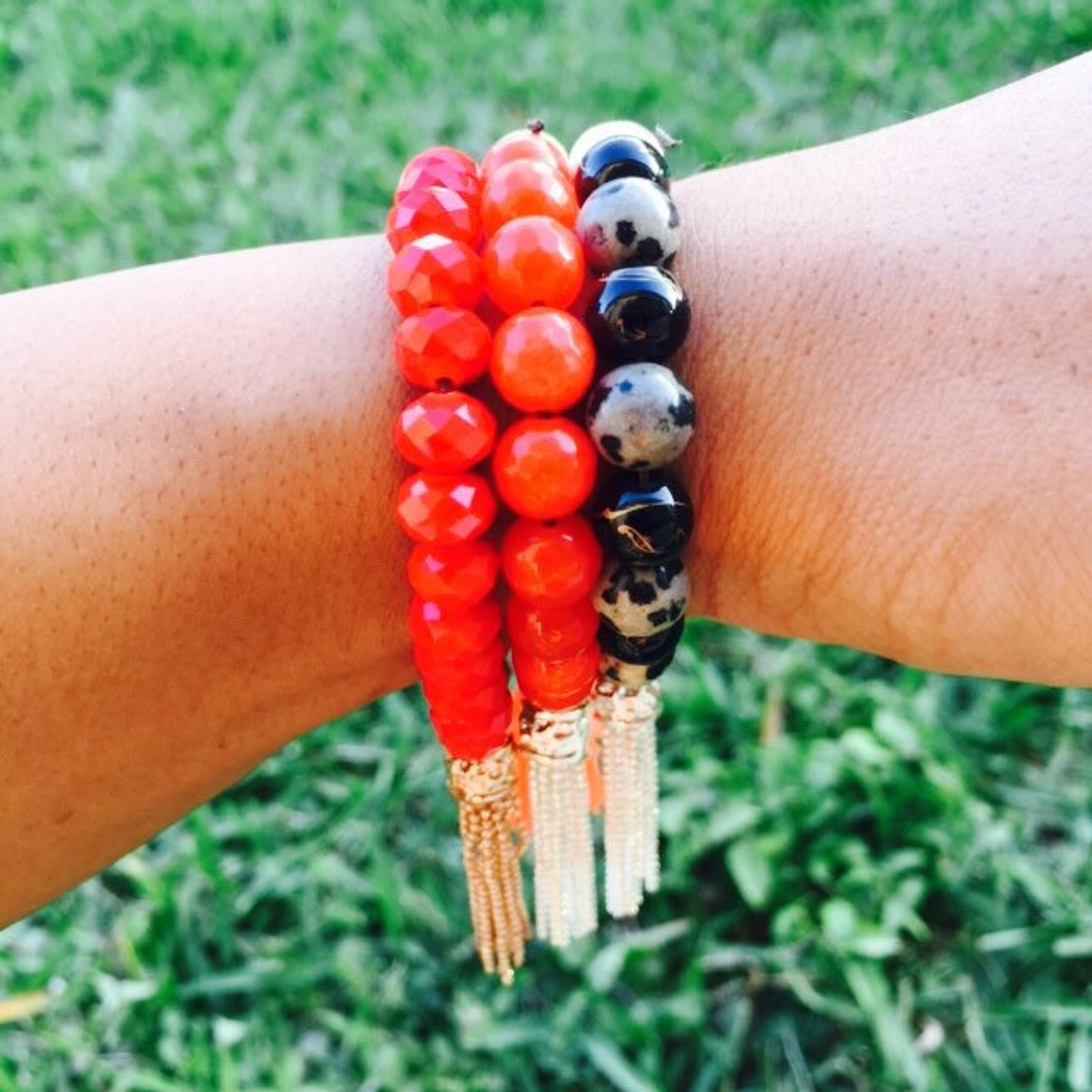 Bead Red Glass Stone Bracelet With Rose Gold Tassel Etsy