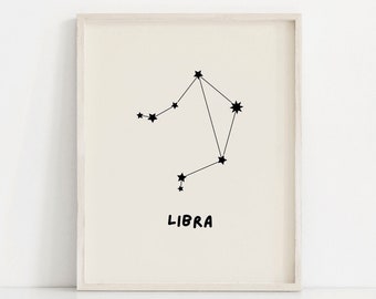 Puede incluir: Una impresión en blanco y negro de la constelación de Libra con la palabra "LIBRA" escrita debajo. La impresión está enmarcada en un marco blanco.