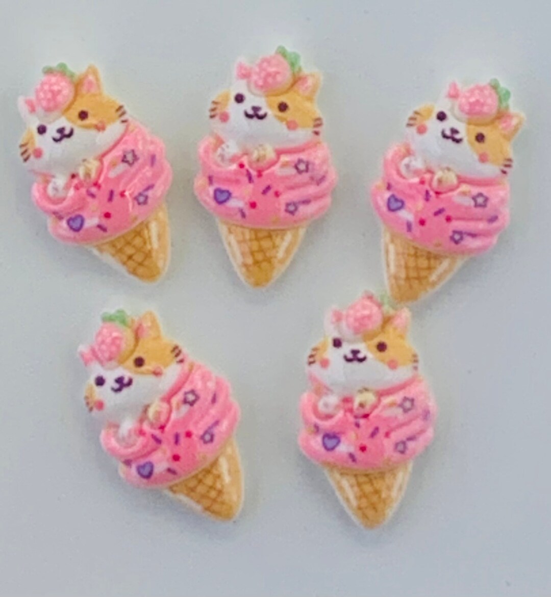 Kawaii Kitty Cat Ice Cream Cone Flatback Cabochons Set of 5 Etsy