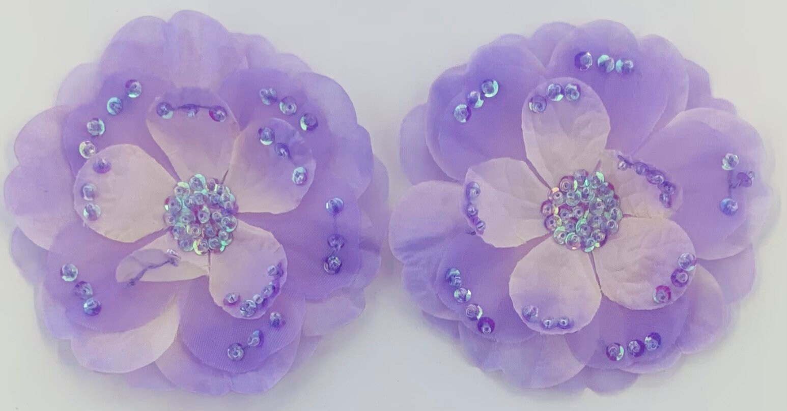 Lilac Sequin Center Fabric Flowers set of 2 3 5/8 Inches Diameter Lilac Sequin Center Fabric Flowers set of 2 3 5/8 Inches Diameter