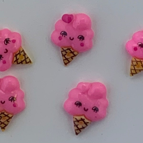 Pink Kawaii Ice Cream Cone Flatback Cabochons set of 5