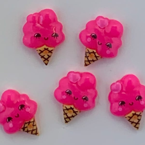 Cute Kawaii Hot Pink Flatback Ice Cream Cone Cabochons set of 5