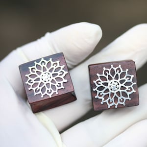 NEW 24 mm/1516&quot;  Square Lotus plugs,  hand made sono wood and silver plated brass ornament. price per pair