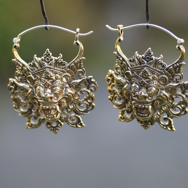 Barong brass earrings with silver post. tribal earrings, price per pair.