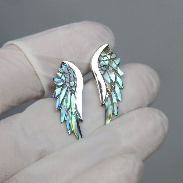 Abalone Wing Stud Earrings, Hand Carved Sterling Silver