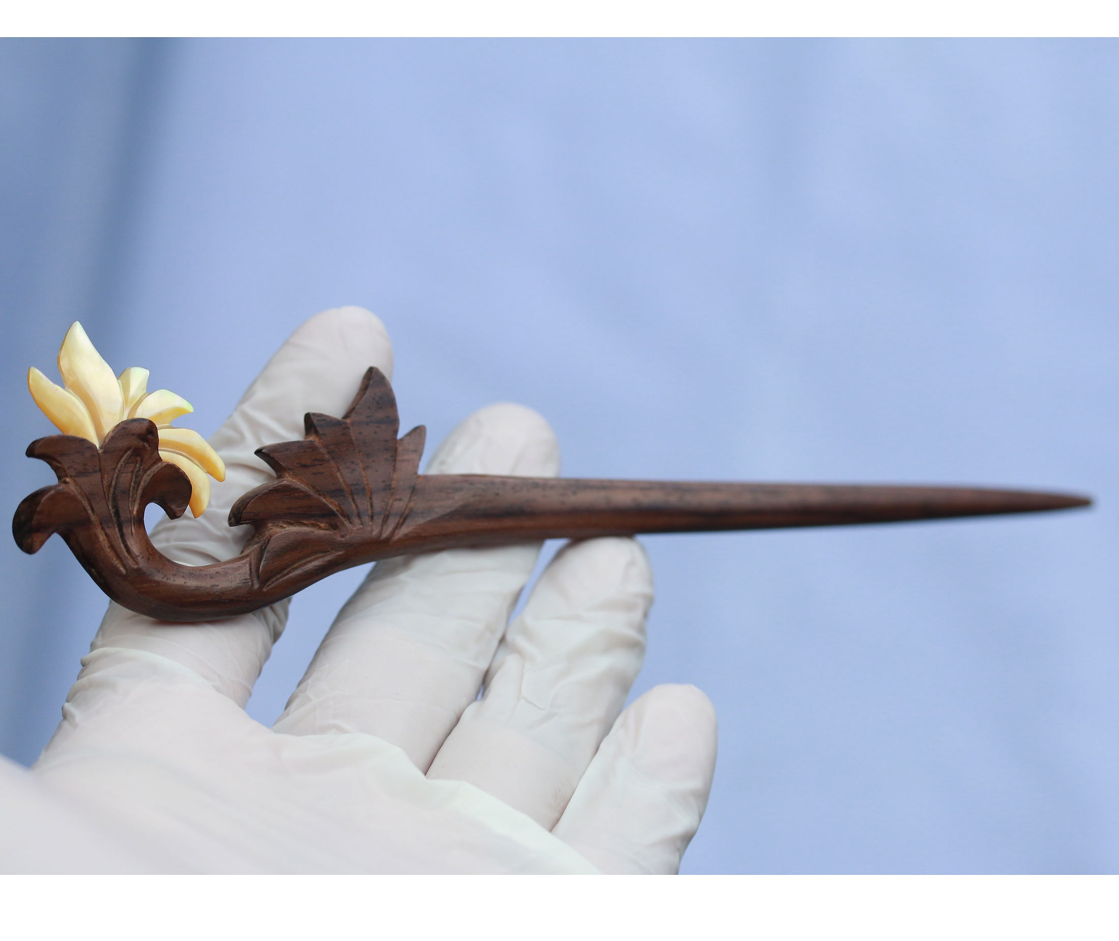 Floral Hair Stick: Handmade Sono Wood & Mother of Pearl 