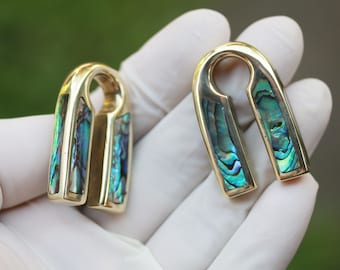 simple ear weights made of brass with abalone shell inlay ,have to have at least 9mm/00ga to wear these.price/ pair