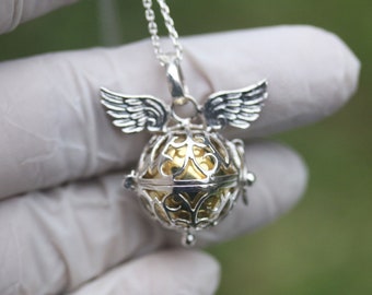 Harmony-dream ball-wings-pendant, hand made 925 silver , only the gold ball inside made of brass,  with  silver chains