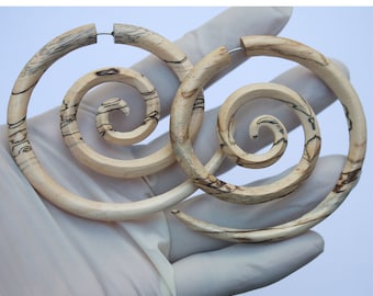 XXL Spiral Fake Gauge Earrings: Hand Carved Wood, Hypoallergenic Post