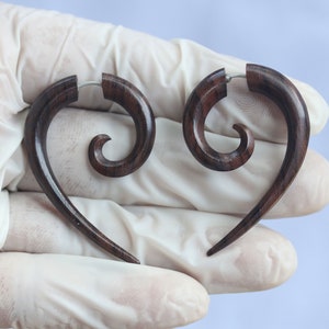 Tail spiral fake gauge, fake expander,  hand made sono wood with  316 L surgical post, hypoallergenic .price per pair