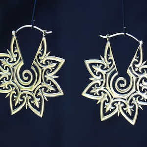 Large hoop brass and sterling silver post earrings, tribal Dayak Borneo Shield. .price per pair