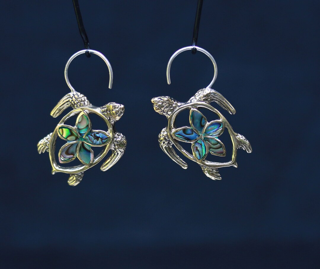 Turtle Brass and Abalone Shell Inlay Earrings With Silver Post. Price ...