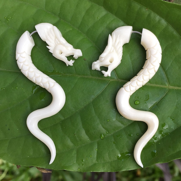 Dragon Fake Gauge Carved Bone Earrings Split Plug