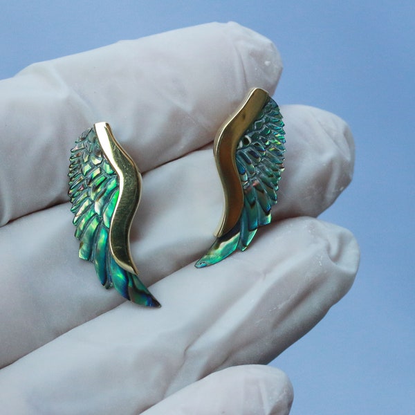 Abalone Wing Stud Earrings: Hand Carved Brass & Silver