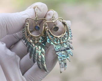 Handgemachte Abalone Engel Flügel Ohrringe - Messing Schmuck Set