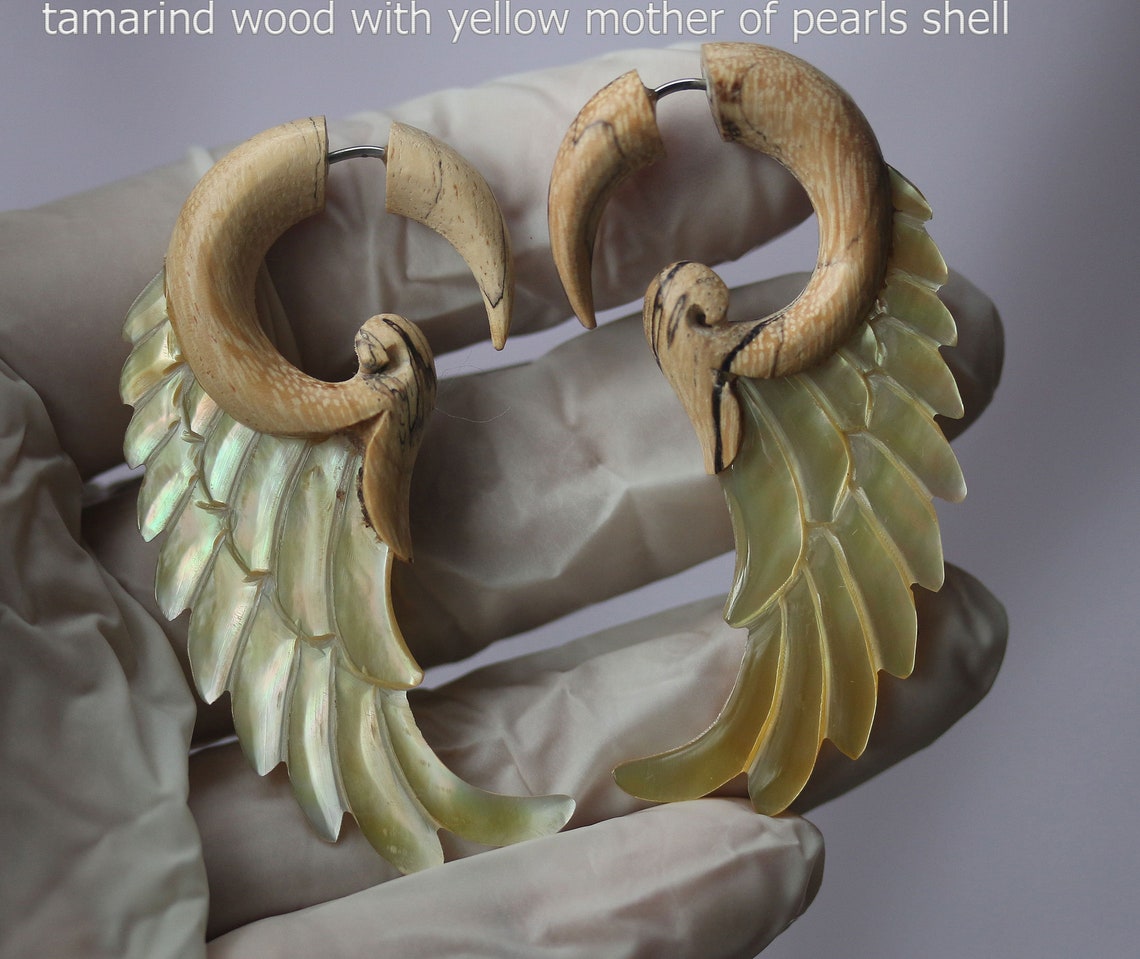 Handmade Wing Fake Gauges: Shell & Wood Earrings - Etsy