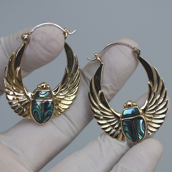 Scarabs earrings 3  hand made brass with abalone shell inlay and silver post, price per pair