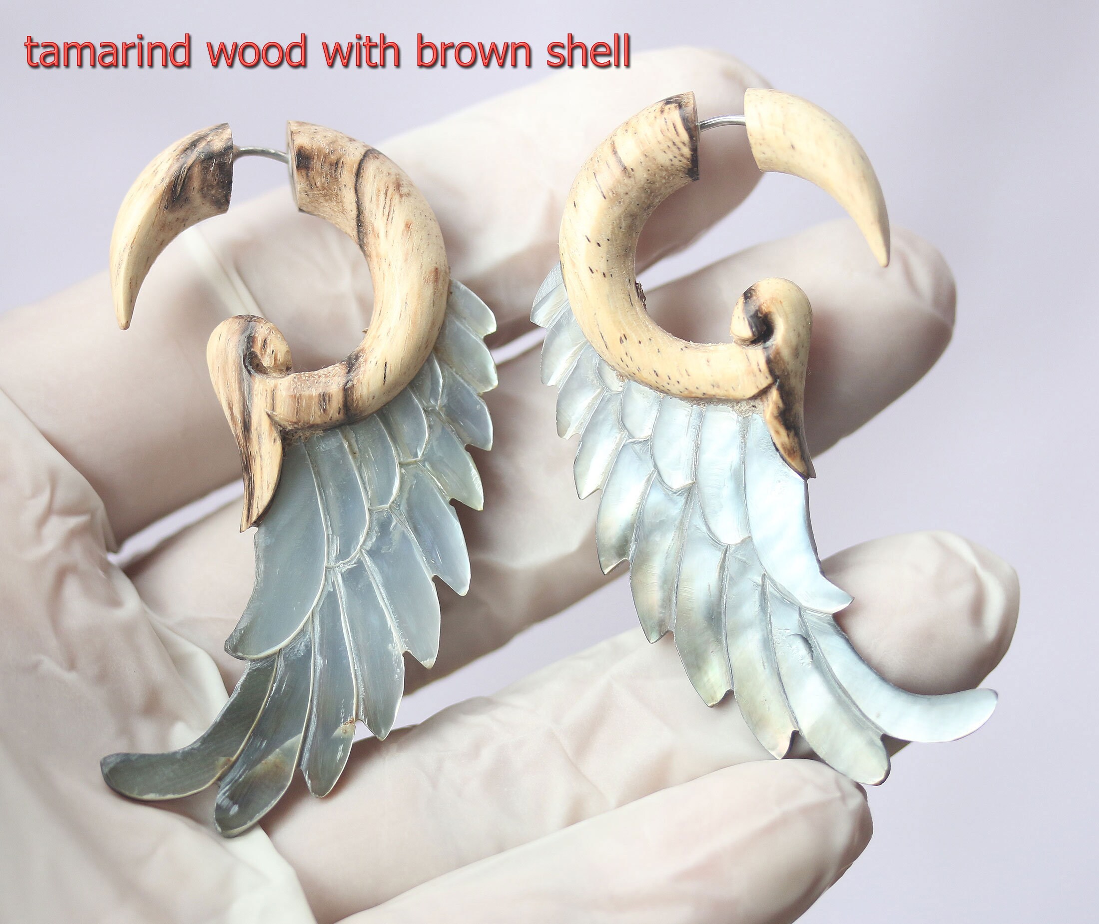 Handmade Wing Fake Gauges: Shell & Wood Earrings - Etsy