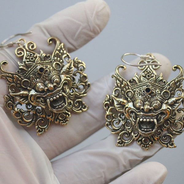 Barong brass earrings with silver post. tribal earrings, price per pair.