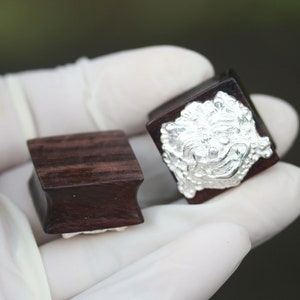 NEW 24 mm/1516&quot;  Square barong plugs,  hand made sono wood and silver plated brass ornament. price per pair