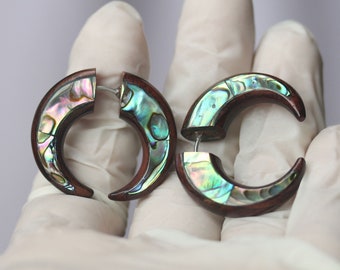 Phincer  spiral fake gauges hand made sono wood with abalone shell inlay with  316 L surgical post, Hypoallergenic, price per pair.