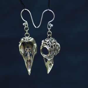 Raven skulls earrings brass with sterling silver hook, price per pair