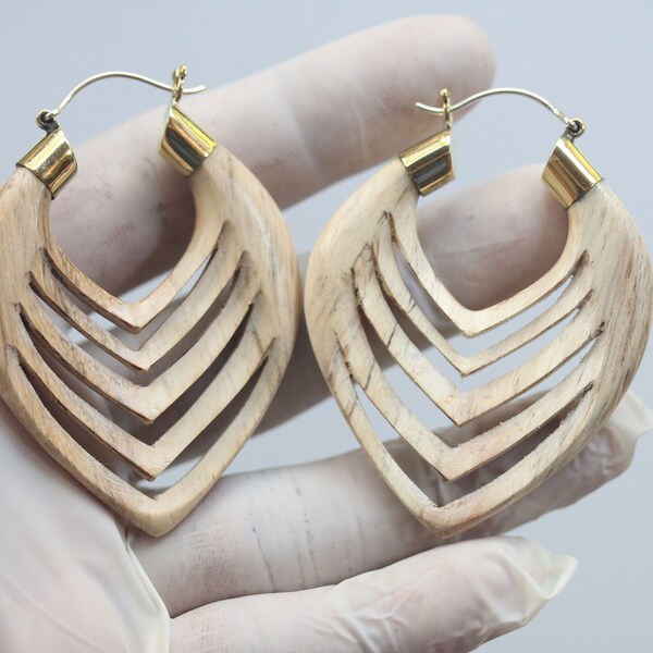 tribal hoops earrings, hand made tamarind wood, brass and silver post. price per pair.