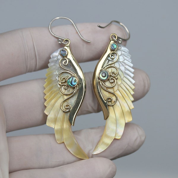 Angel wings earrings hand carved MOP shells brass abalone and sterling silver post  price per pair