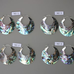 Simple Hoop earrings   hand carved abalone layered with clear resin set in  sterling  silver , price per pair