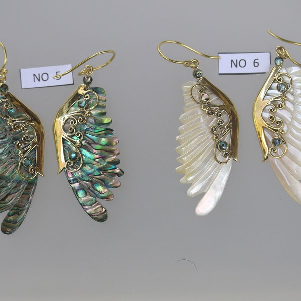 Large wings earrings, abalone and MoP shells with hand made brass and brass hook. price per pair