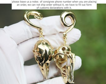 Brass Bird Skull Ear Weights, Gauged Earrings (7mm/2 Gauge)