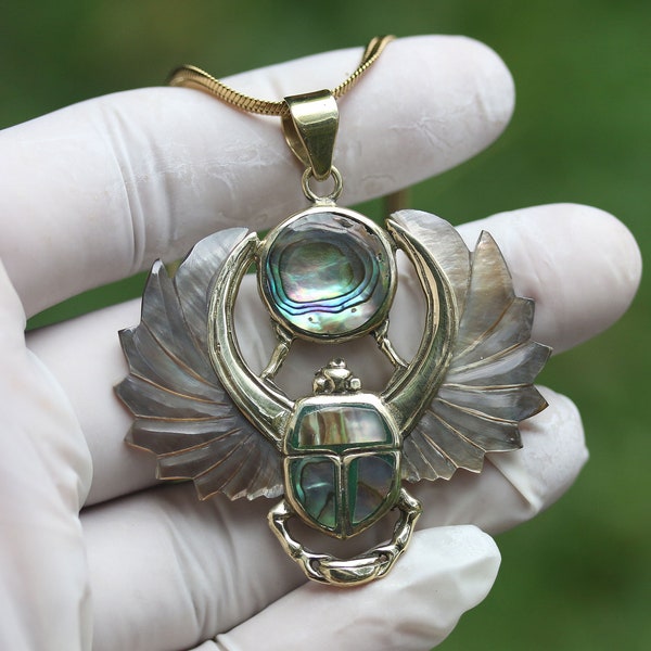 New Beetle pendant 3, Victorian Scarab , brass , gray shell wings ,abalone inlay  and stainless  chains  ,price per piece