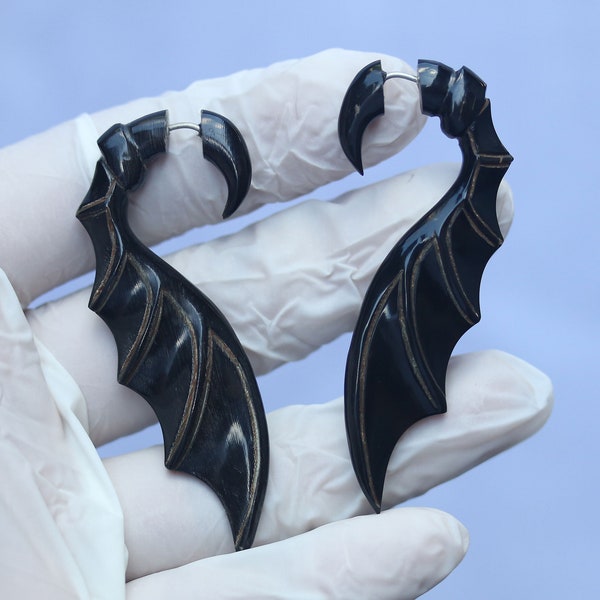 bat wings ,  fake gauges.  hand made buffalo horn, with 316 L surgical post, hypoallergenic , price per pair