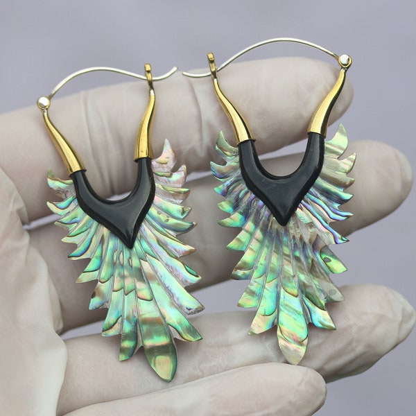 Wings Earrings, hand carved abalone ,cow horn ,  brass and silver post.  price per pair