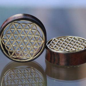 40mm / 1.57&quot; Flower of life brass and sono wood  Flesh Tunnels Gauges Earring Plugs .price per pair