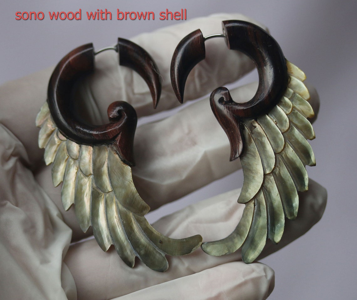 Handmade Wing Fake Gauges: Shell & Wood Earrings - Etsy