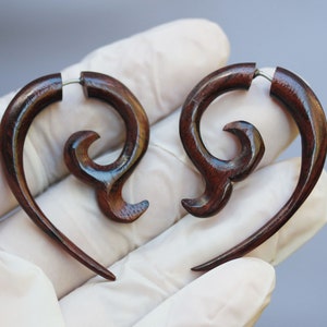 tribal hook , fake gauge, fake expander,  hand made sono wood with  316 L surgical post, hypoallergenic .price per pair