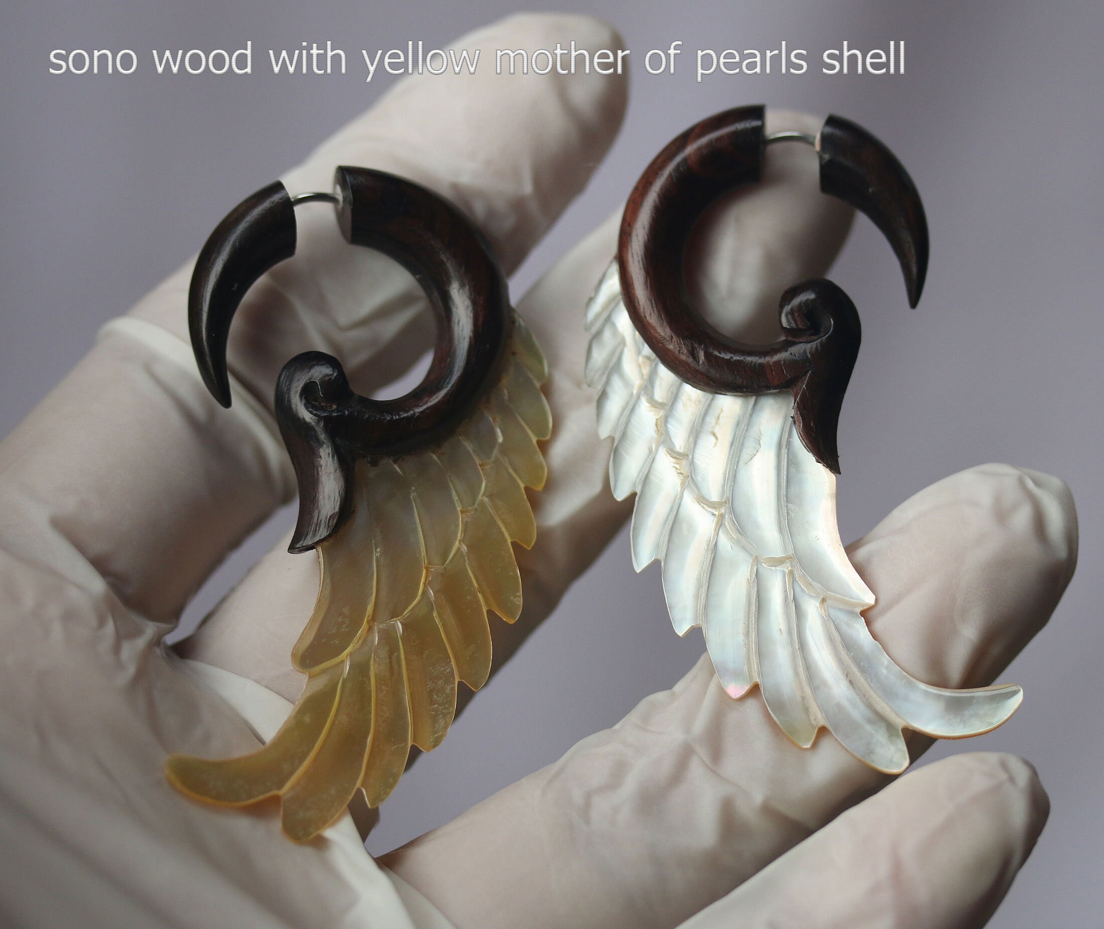 Handmade Wing Fake Gauges: Shell & Wood Earrings - Etsy