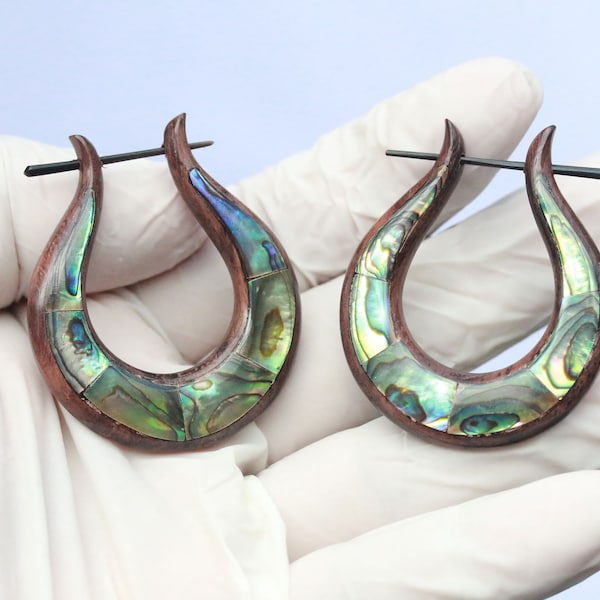 Simple Medium hoops post earrings 2, hand made sono wood with abalone shell inlay. horn post. price per pair.