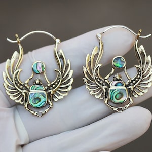 Beetle earrings, Victorian Scarab , brass and abalone inlay, with sterling silver post, price per pair.