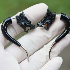 Op de afbeelding: Een paar zwarte draakvormige oorbellen. De oorbellen hebben een gedetailleerd drakenkopontwerp en een gebogen, hoornachtige vorm. De uiteinden zijn zilverkleurig. De oorbellen worden getoond tegen een vage groene achtergrond.