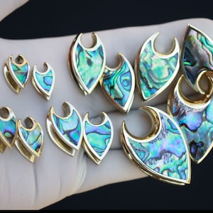 Brass ear saddle or ear weights with abalone and white MoP shell or black Arang wood inlay  price per pair,