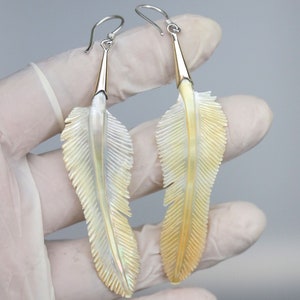 feather earrings  hand made MOP shell brass and silver hook, price per pair