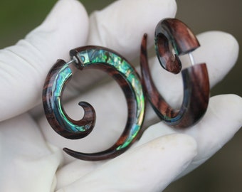 Basic spiral fake gauges hand made sono wood with abalone shell inlay with  316 L surgical post, Hypoallergenic, price per pair.