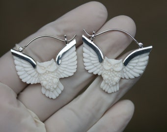 Small Detail hand carved cow bone owl and sterling silver setting earring, price per pair.