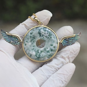 Moss Agate Wing Pendant: Brass & Stainless Steel Chain