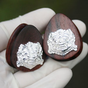 NEW 28 mm / 1.10&quot;  Tear drop barong plugs,  hand made sono wood and silver plated brass ornament. price per pair